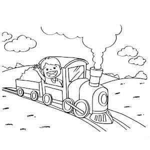 Little boy in a train coloring page